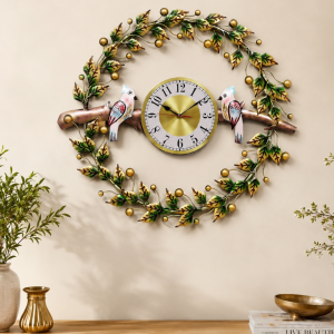 Bird Wreath Metal Wall Clock | Hand-Painted Leaf Wreath Analog Wall Clock