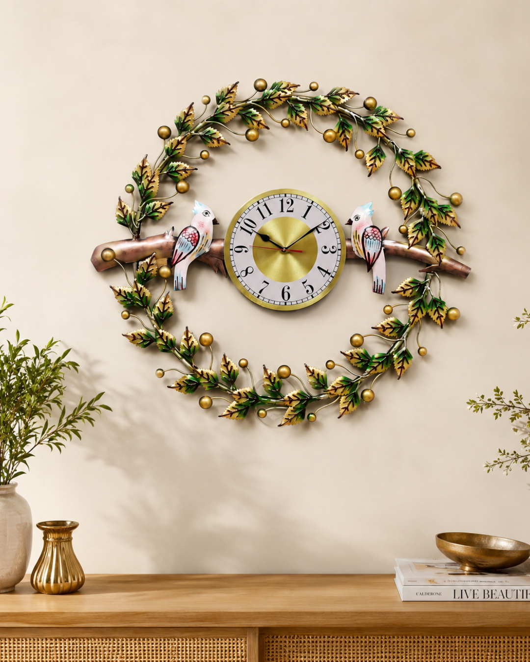 Bird Wreath Metal Wall Clock | Hand-Painted Leaf Wreath Analog Wall Clock