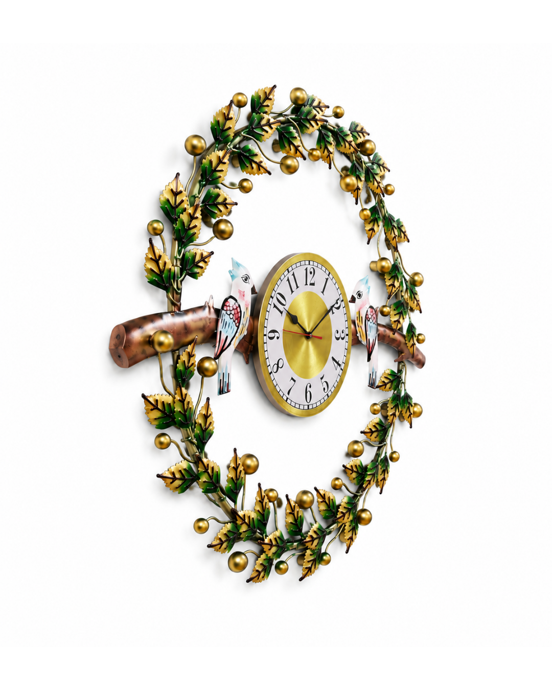 Bird Wreath Metal Wall Clock | Hand-Painted Leaf Wreath Analog Wall Clock - Image 2