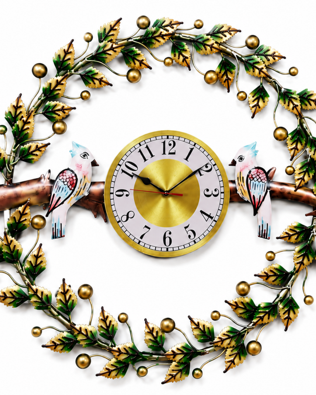 Bird Wreath Metal Wall Clock | Hand-Painted Leaf Wreath Analog Wall Clock - Image 3
