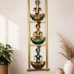 3-Tier Rajasthani Musician Ladder Wall Art | Vertical Framed Folk Art Decor
