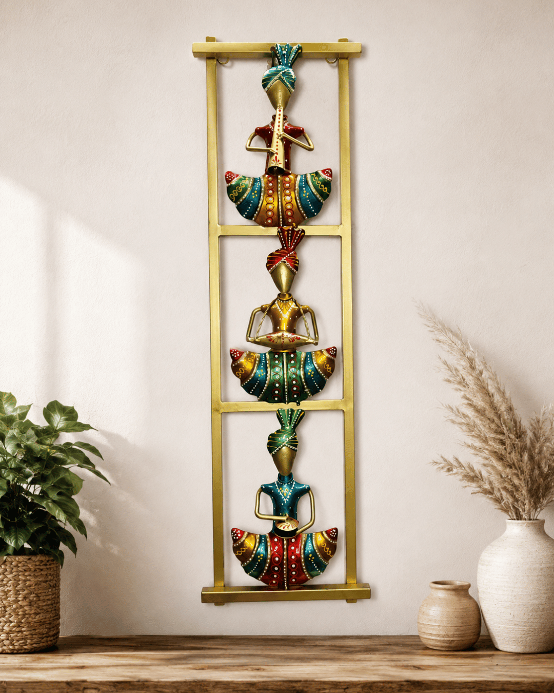 3-Tier Rajasthani Musician Ladder Wall Art | Vertical Framed Folk Art Decor