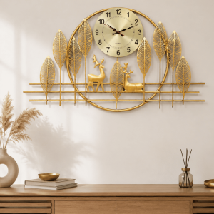 Golden Leaf & Deer Wall Clock | Handcrafted Nature-Inspired Analog Clock