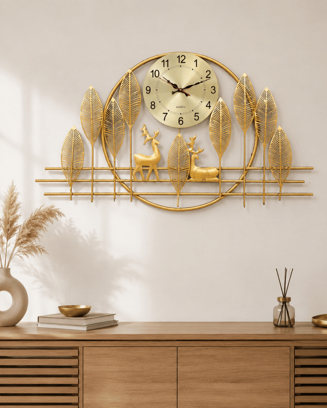 Golden Leaf & Deer Wall Clock | Handcrafted Nature-Inspired Analog Clock