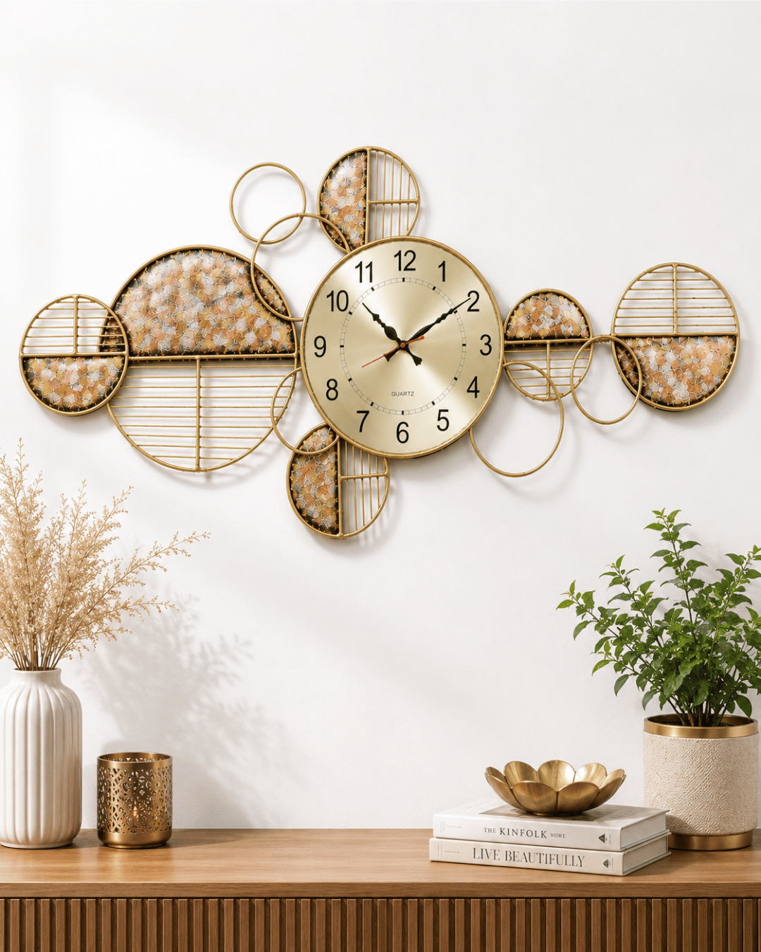 Woven Gold Ring Wall Clock | Textured Metal Circle Cluster Analog Clock
