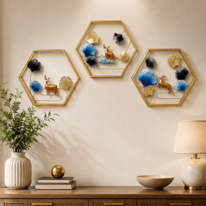 Set of 3 Hexagon Deer & Ginkgo Wall Art | Handpainted Geometric Frame Decor