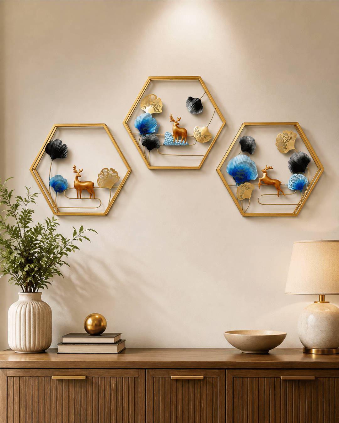 Set of 3 Hexagon Deer & Ginkgo Wall Art | Handpainted Geometric Frame Decor