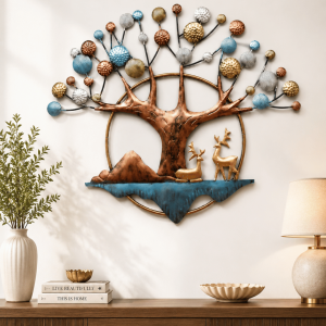 Tree of Life Deer & Mountain Wall Art | Multicolour Textured Ball Canopy Decor
