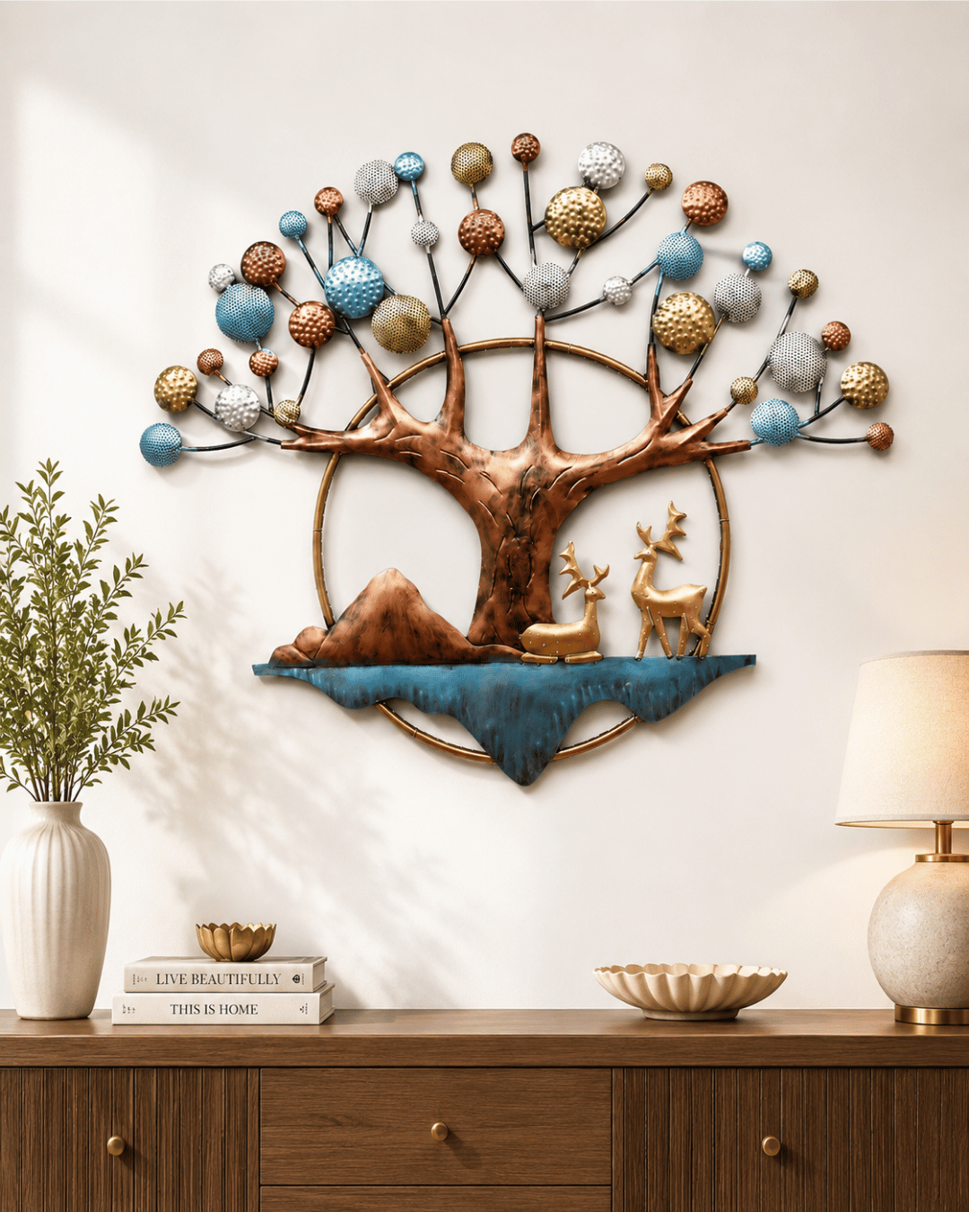 Tree of Life Deer & Mountain Wall Art | Multicolour Textured Ball Canopy Decor