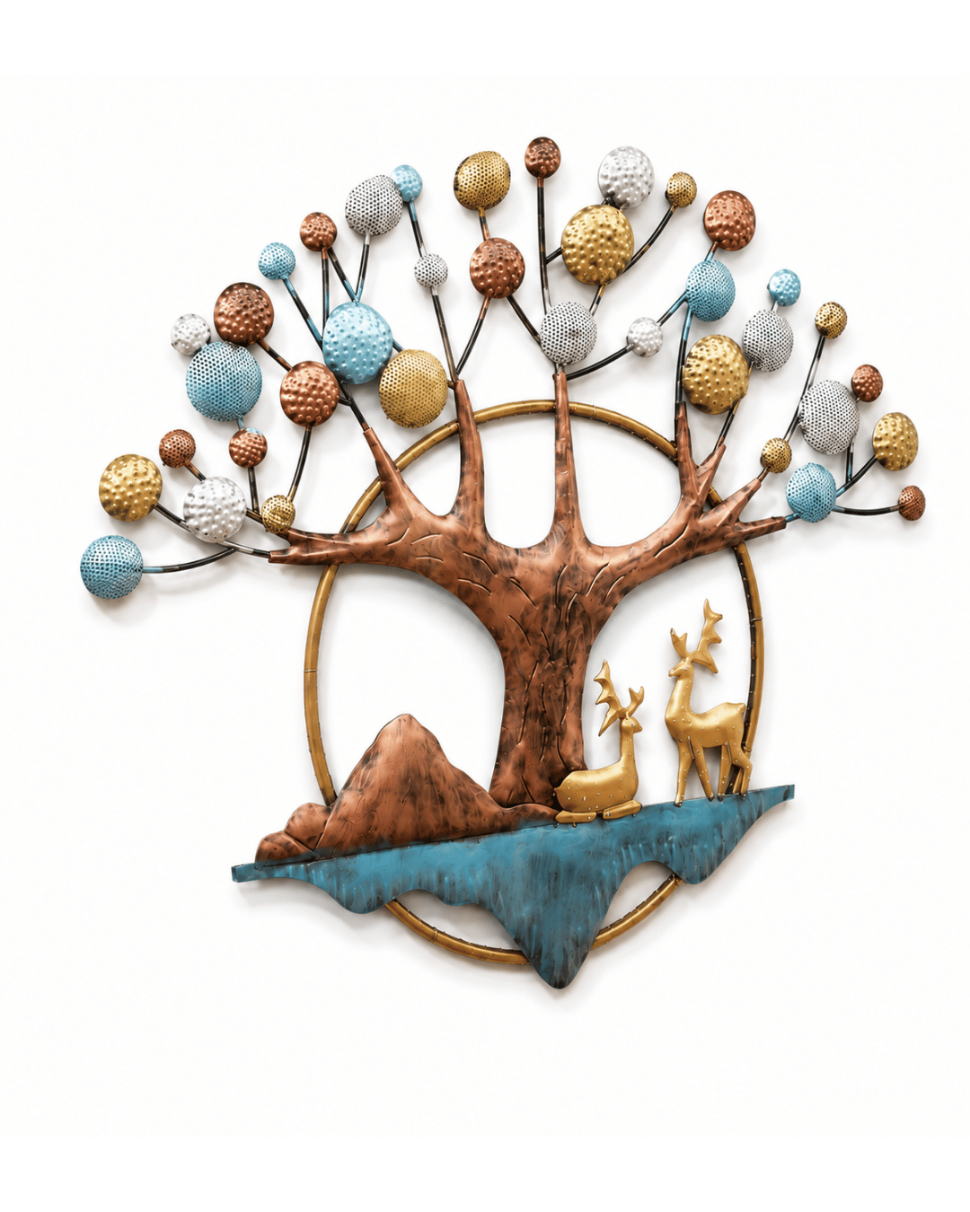 Tree of Life Deer & Mountain Wall Art | Multicolour Textured Ball Canopy Decor - Image 2