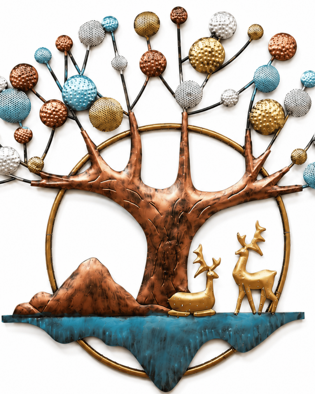 Tree of Life Deer & Mountain Wall Art | Multicolour Textured Ball Canopy Decor - Image 3