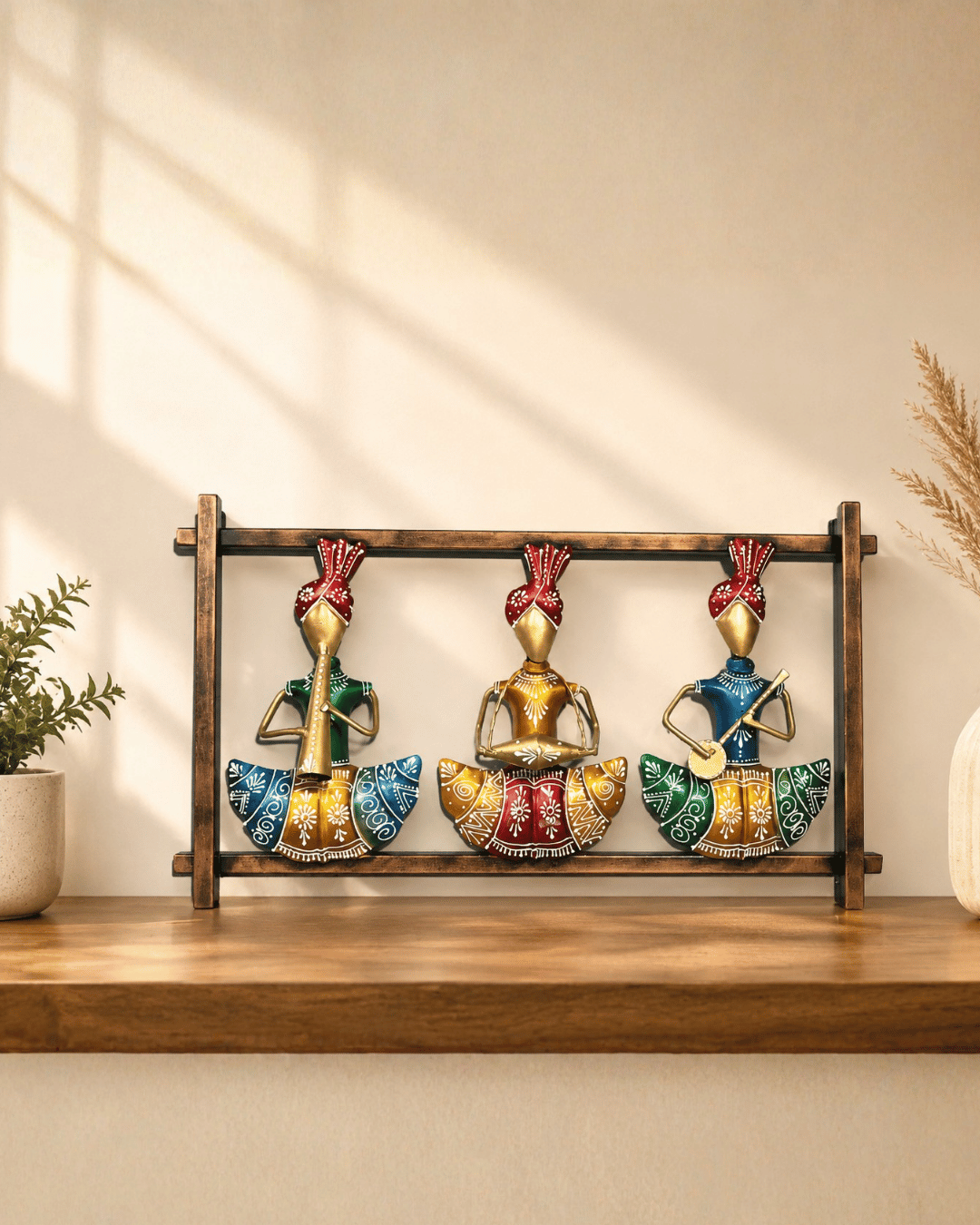 3 Musician Wooden Frame Wall Art | Handpainted Tribal Folk Musicians Decor