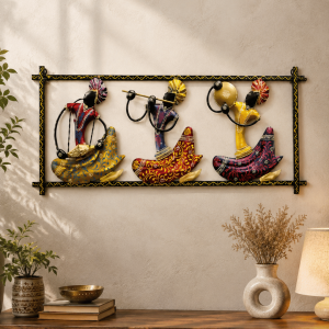 Framed Tribal Musician Trio Wall Art | Black & Gold Scrollwork Border Decor