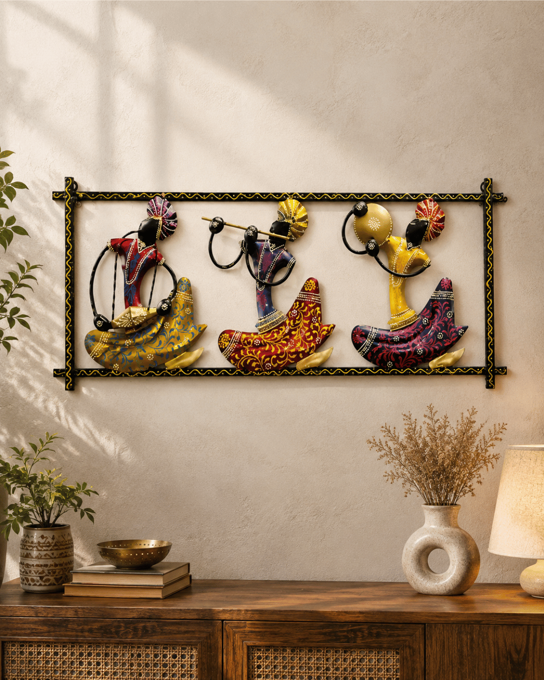 Framed Tribal Musician Trio Wall Art | Black & Gold Scrollwork Border Decor