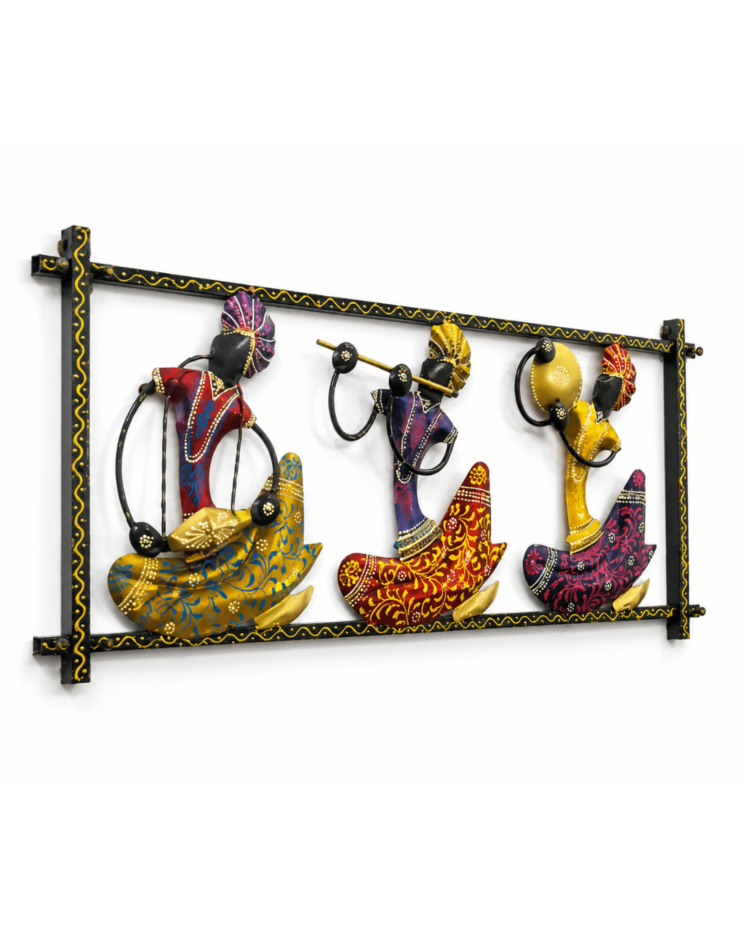 Framed Tribal Musician Trio Wall Art | Black & Gold Scrollwork Border Decor - Image 2