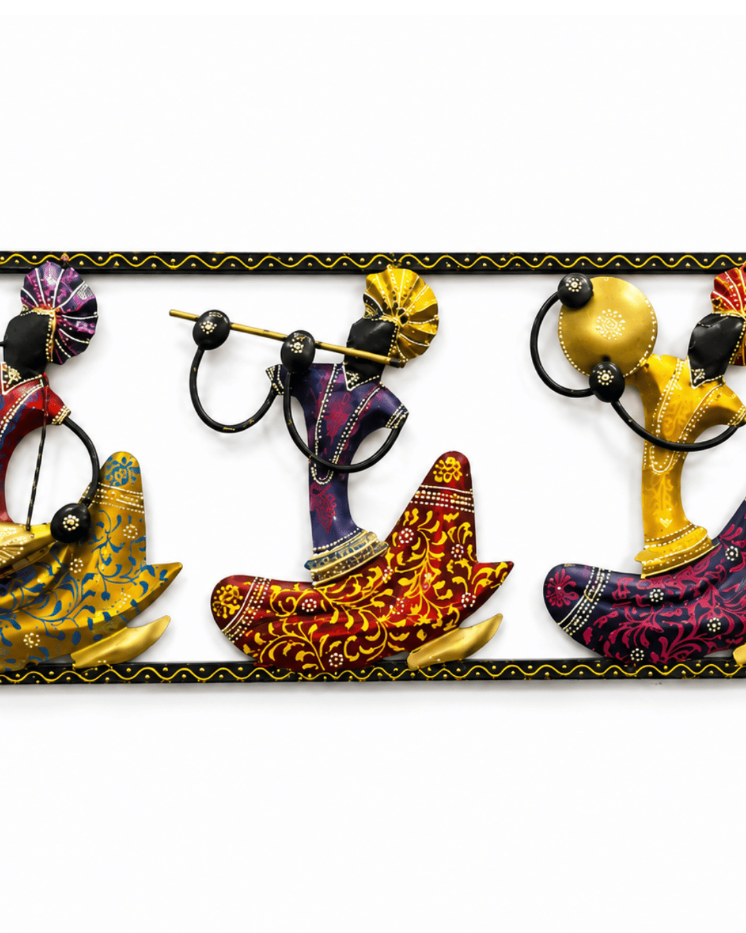Framed Tribal Musician Trio Wall Art | Black & Gold Scrollwork Border Decor - Image 3