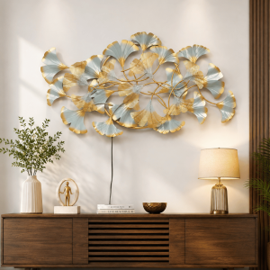 Large Silver & Gold Ginkgo Leaf Cluster Wall Art | Statement Metal Leaf Sculpture