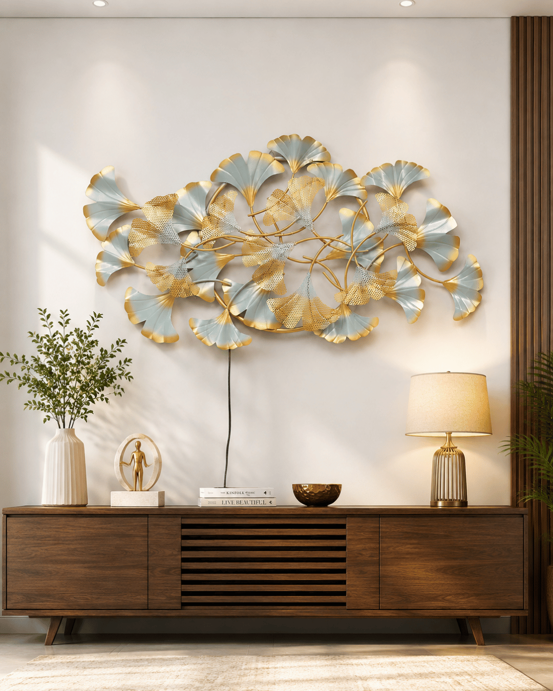 Large Silver & Gold Ginkgo Leaf Cluster Wall Art | Statement Metal Leaf Sculpture