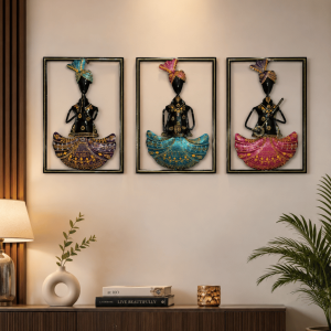 3-Panel Black & Gold Rajasthani Dancer Wall Art Set | Framed Folk Dancer Decor
