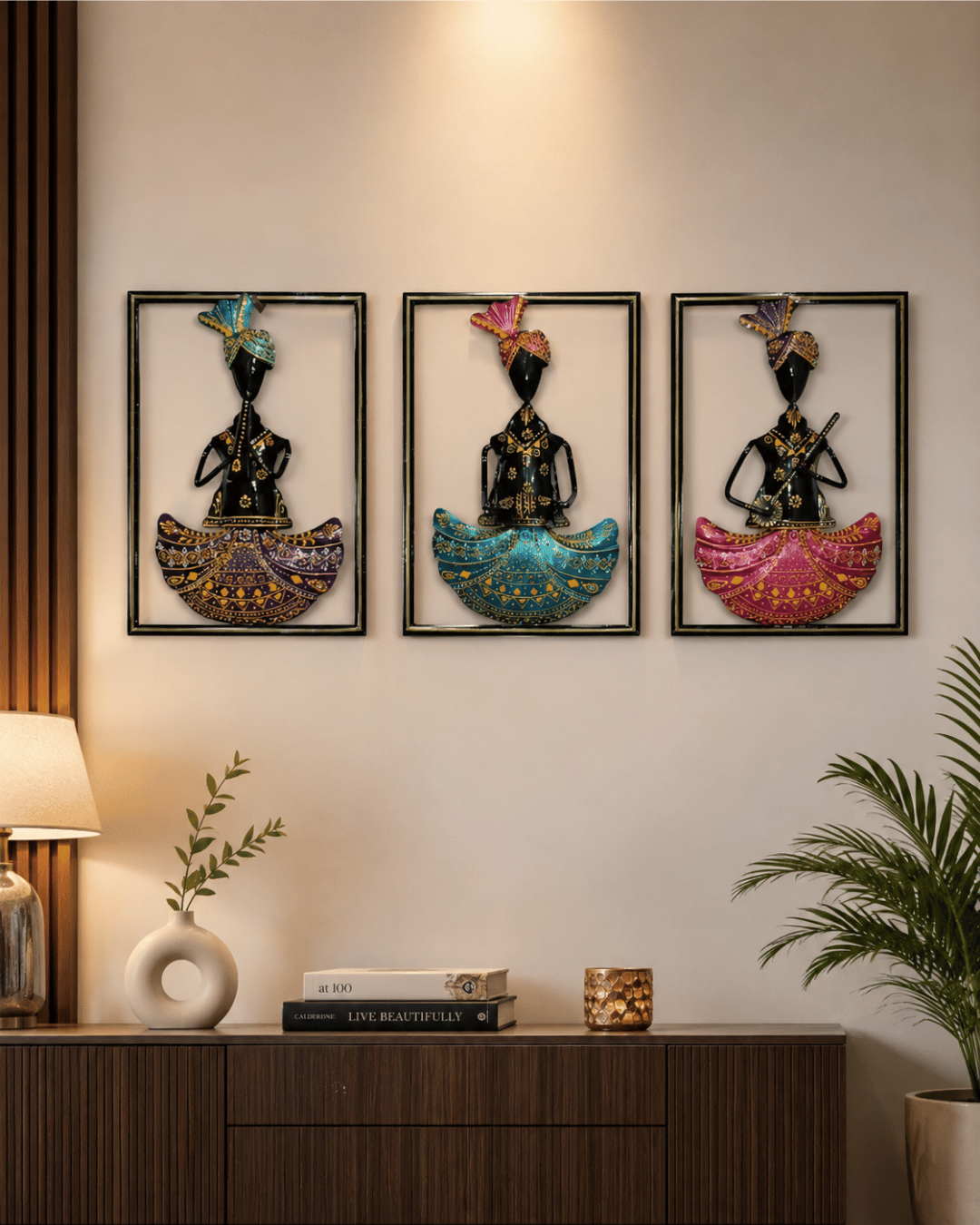 3-Panel Black & Gold Rajasthani Dancer Wall Art Set | Framed Folk Dancer Decor