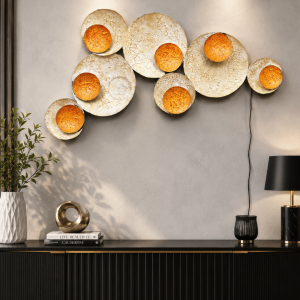 Textured Circle Cluster Metal Wall Lamp | Cream & Orange Sconce Wall Art