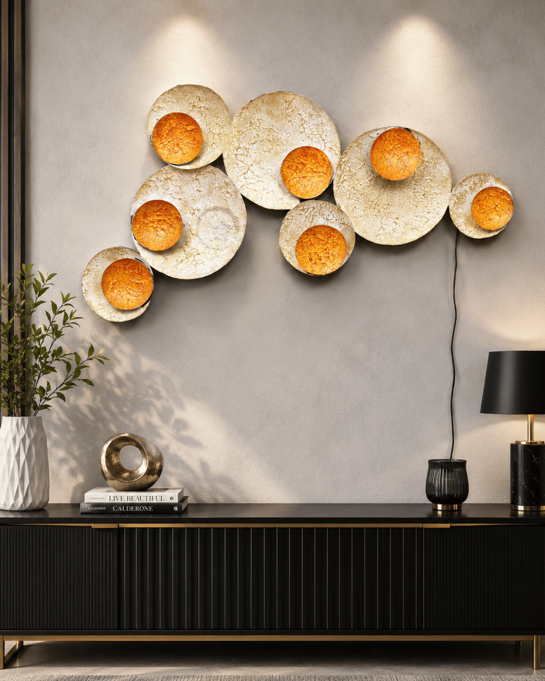 Textured Circle Cluster Metal Wall Lamp | Cream & Orange Sconce Wall Art
