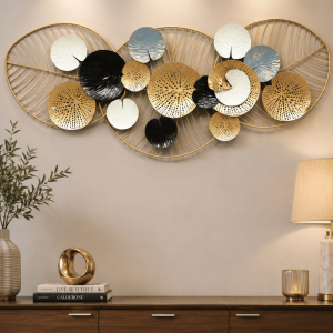 Lily Pad Leaf Cluster Metal Wall Art | Gold, Black & White Layered Circle Decor