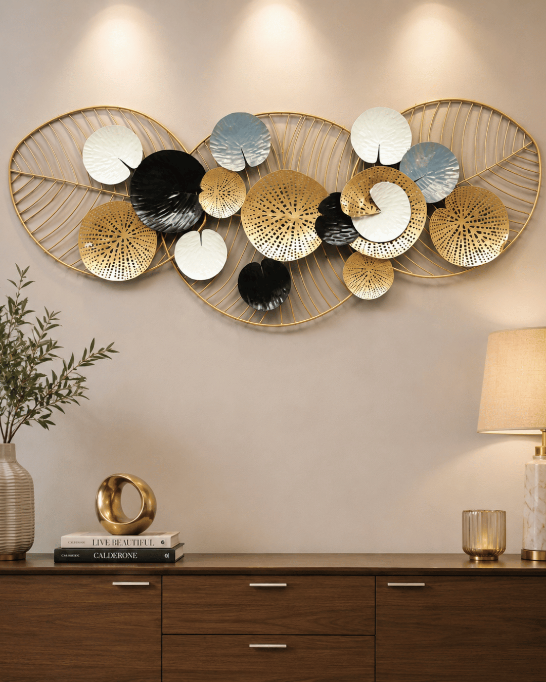 Lily Pad Leaf Cluster Metal Wall Art | Gold, Black & White Layered Circle Decor