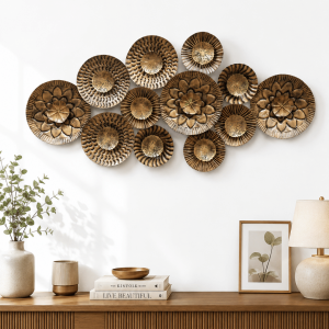 Antique Bronze Floral Mandala Plates Wall Art | Sculptural Metal Plate Cluster Decor