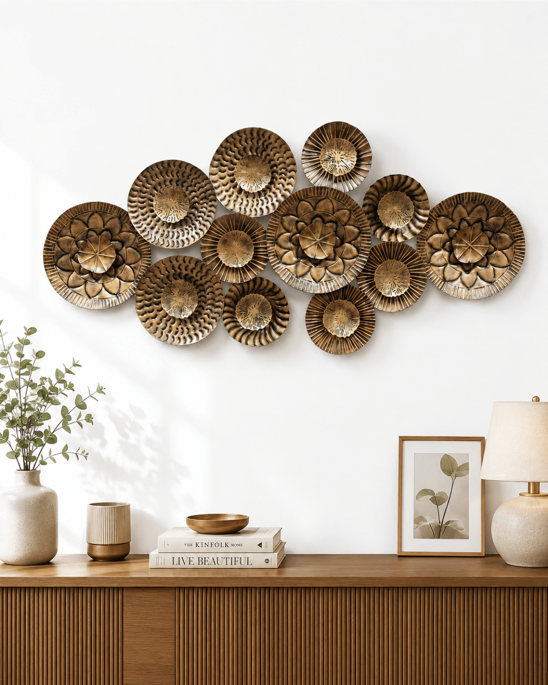 Antique Bronze Floral Mandala Plates Wall Art | Sculptural Metal Plate Cluster Decor