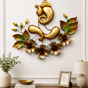 Golden Lord Ganesha Metal Wall Art with Flowers | Handcrafted Om Ganesha Decor