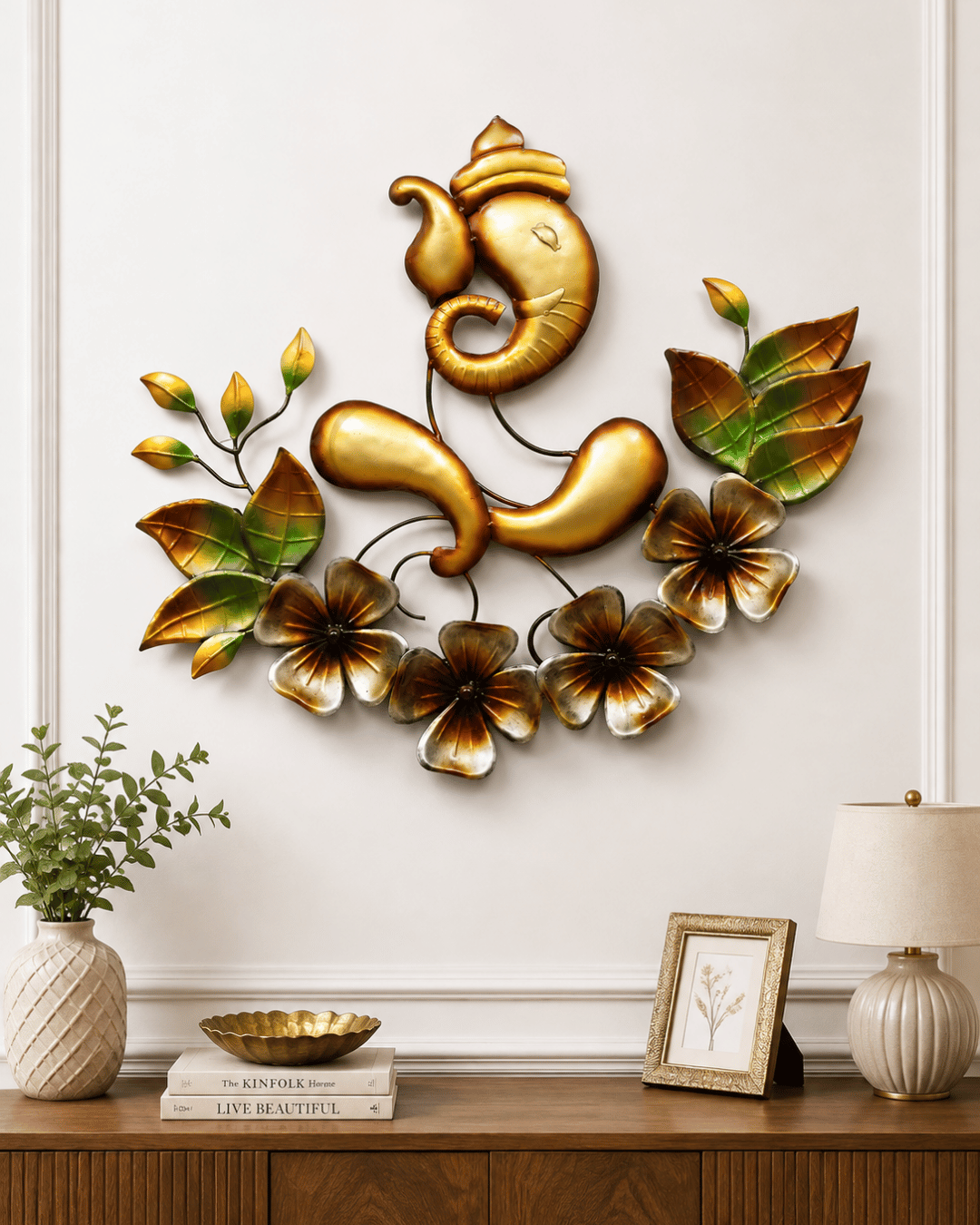 Golden Lord Ganesha Metal Wall Art with Flowers | Handcrafted Om Ganesha Decor
