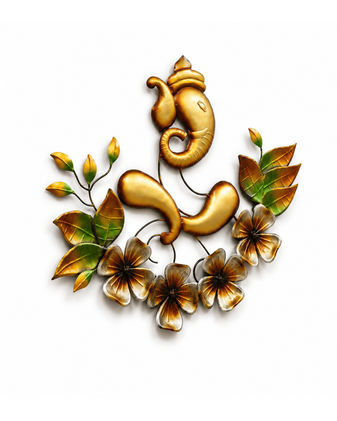 Golden Lord Ganesha Metal Wall Art with Flowers | Handcrafted Om Ganesha Decor - Image 2