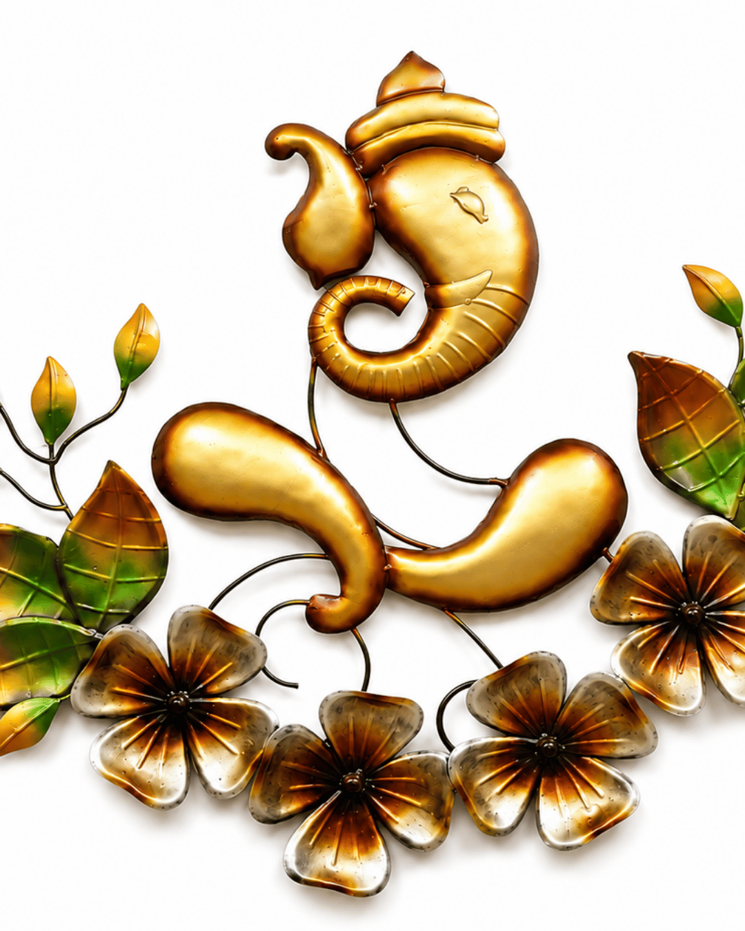 Golden Lord Ganesha Metal Wall Art with Flowers | Handcrafted Om Ganesha Decor - Image 3