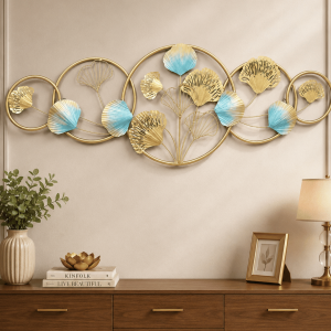 Golden Ginkgo Leaf Rings Metal Wall Art | Blue Accent Circular Wall Sculpture