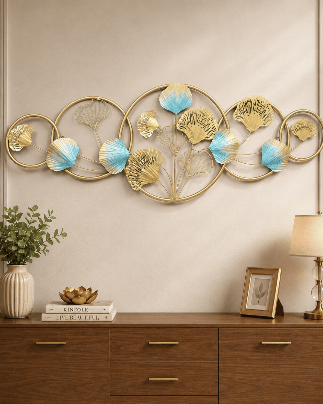 Golden Ginkgo Leaf Rings Metal Wall Art | Blue Accent Circular Wall Sculpture