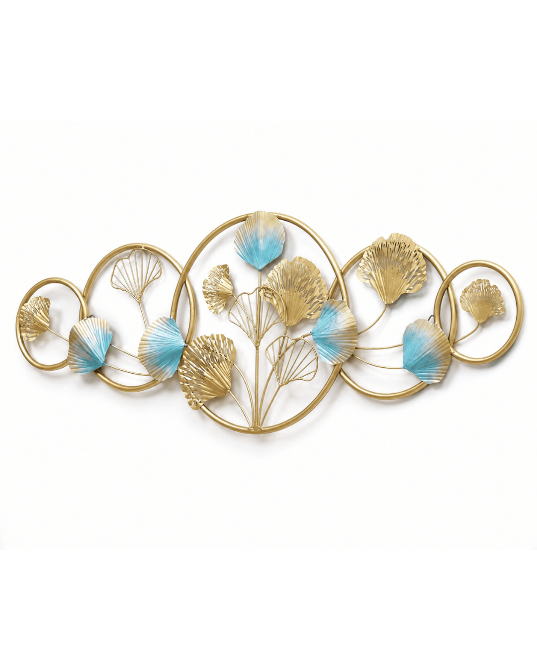 Golden Ginkgo Leaf Rings Metal Wall Art | Blue Accent Circular Wall Sculpture - Image 2