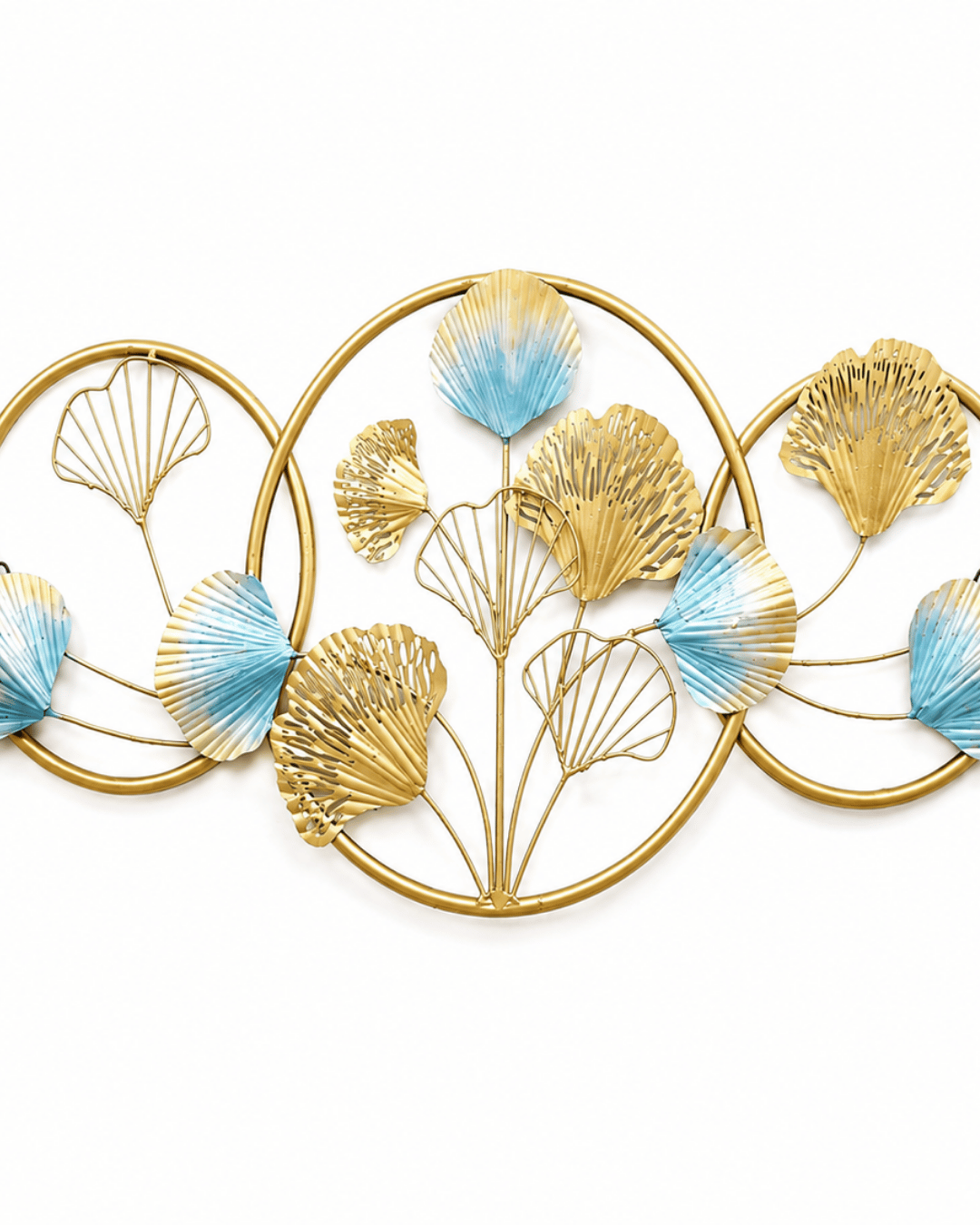Golden Ginkgo Leaf Rings Metal Wall Art | Blue Accent Circular Wall Sculpture - Image 3