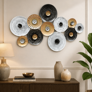 Multi-Tone Mandala Disc Cluster Wall Art | Black, White & Gold Metal Plate Decor