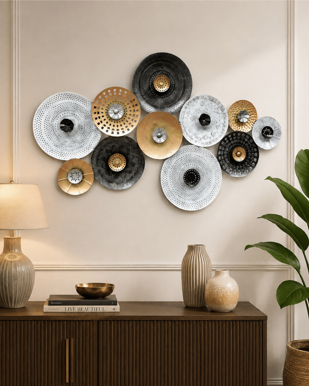 Multi-Tone Mandala Disc Cluster Wall Art | Black, White & Gold Metal Plate Decor