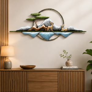 Deer & Mountain Nature Scene Metal Wall Art | Handcrafted Zen Landscape Decor