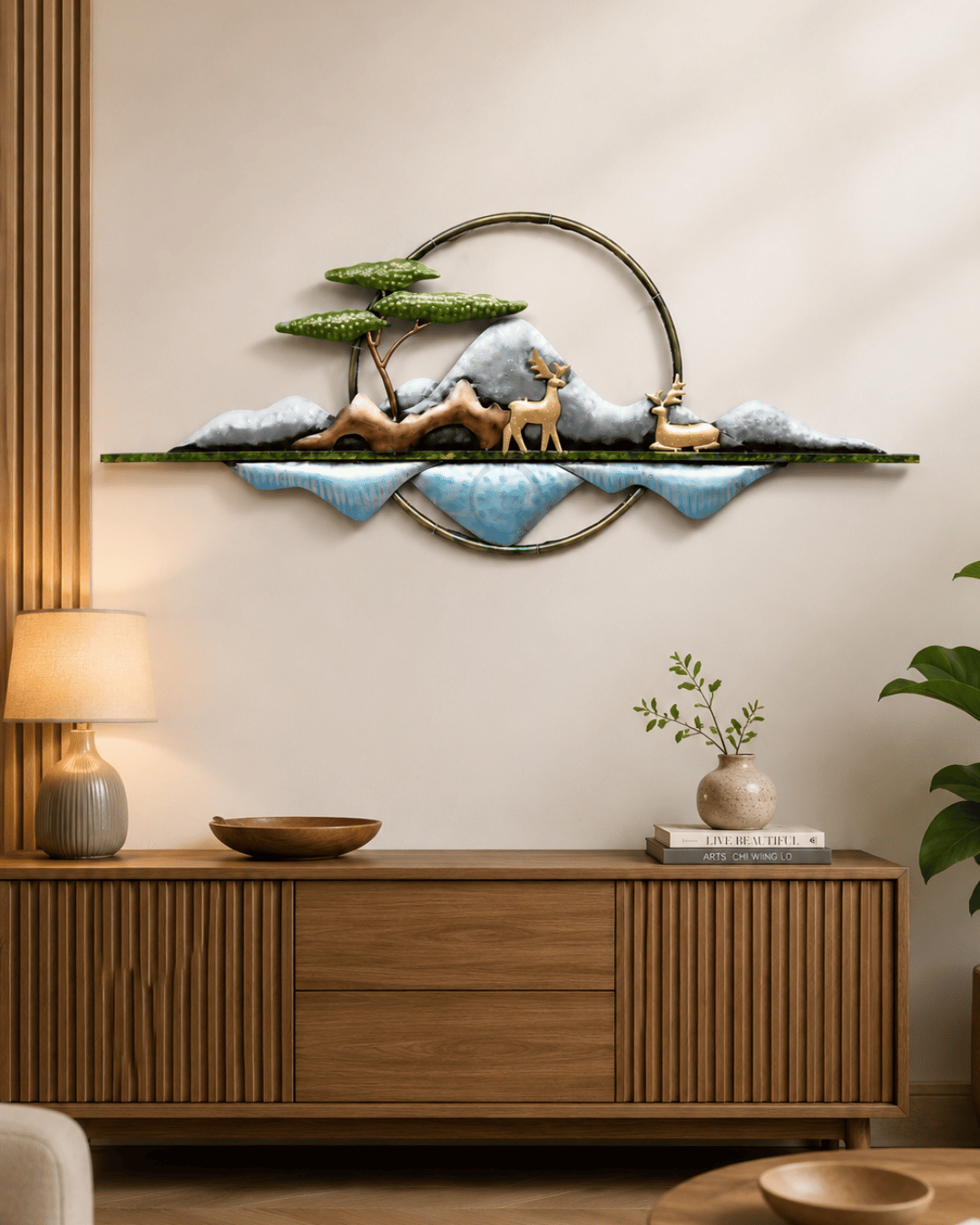 Deer & Mountain Nature Scene Metal Wall Art | Handcrafted Zen Landscape Decor