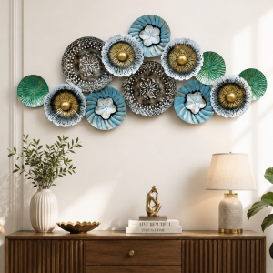 Floral Medallion Cluster Metal Wall Art | Blue, Teal & Gold Flower Disc Decor