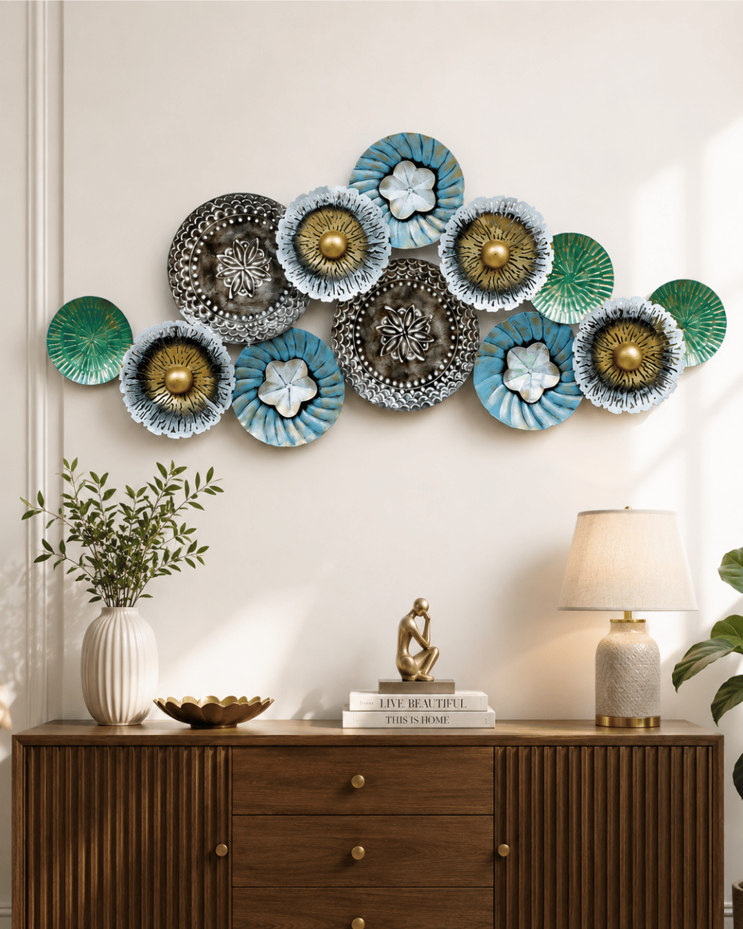 Floral Medallion Cluster Metal Wall Art | Blue, Teal & Gold Flower Disc Decor