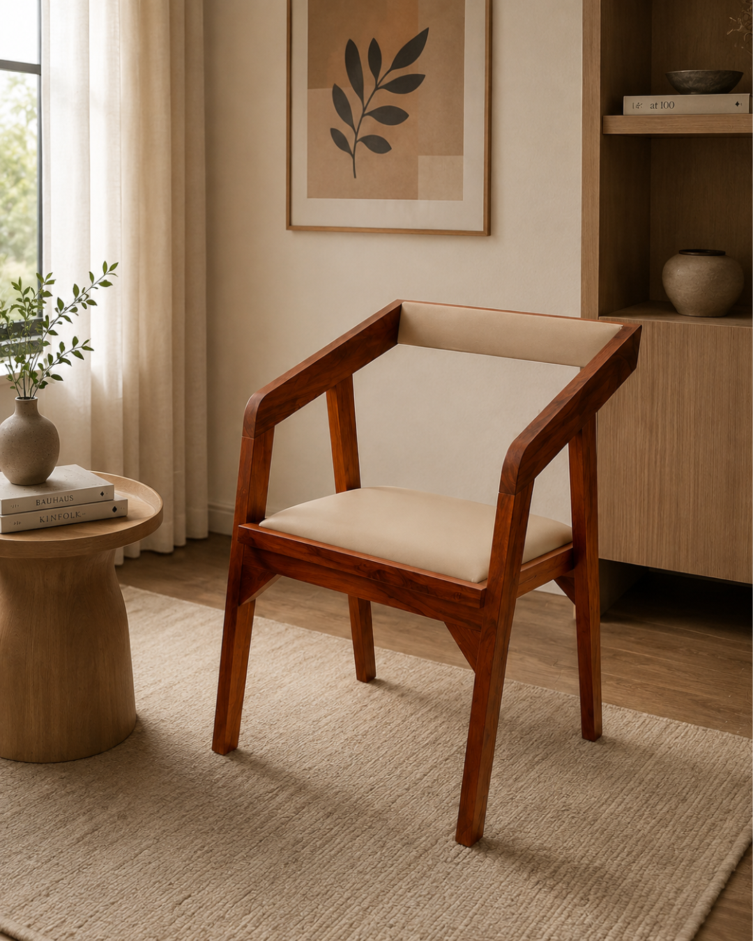 Modern Wooden Armchair with Cream Upholstered Seat