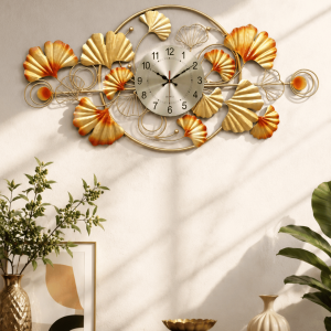 Golden Ginkgo Leaf Wall Clock | Handpainted Orange & Gold Analog Wall Clock