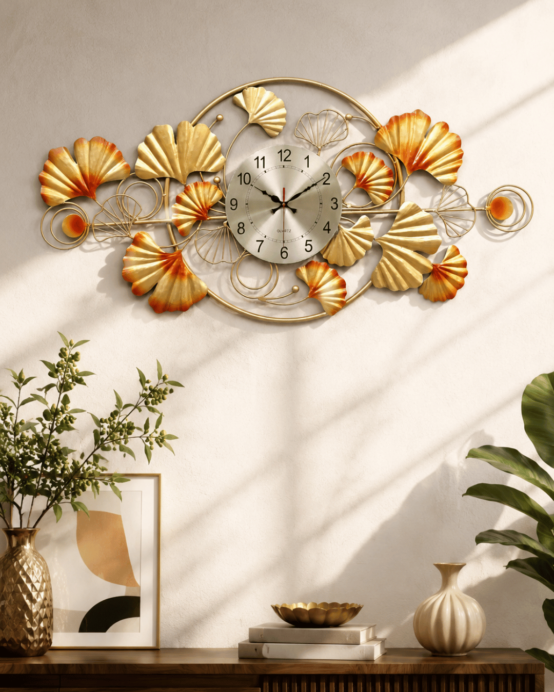 Golden Ginkgo Leaf Wall Clock | Handpainted Orange & Gold Analog Wall Clock