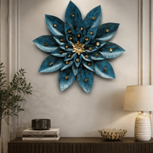 Blue & Gold Metal Lotus Flower Wall Art | Large Handpainted Sunflower Wall Sculpture