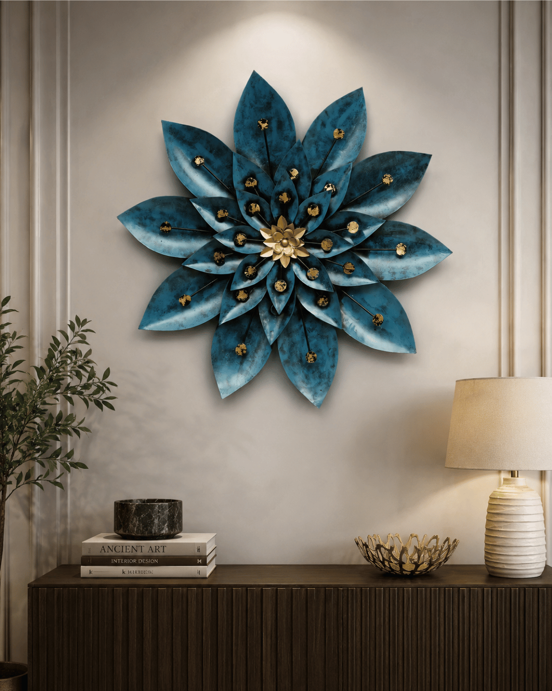Blue & Gold Metal Lotus Flower Wall Art | Large Handpainted Sunflower Wall Sculpture