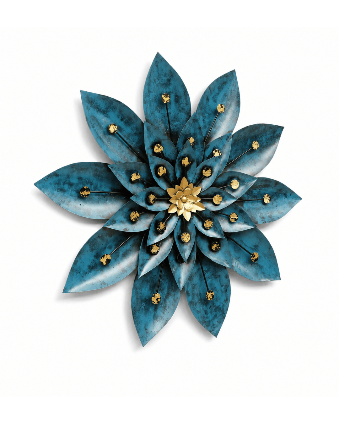 Blue & Gold Metal Lotus Flower Wall Art | Large Handpainted Sunflower Wall Sculpture - Image 2